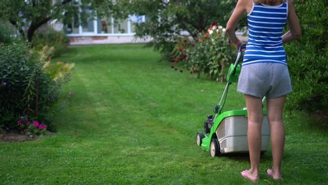Woman cuts the grass lawn with petrol engine lawn mower. Female worker in short pushing lawn mower between trees and flowers. Camera movement follow shot with gimbal.