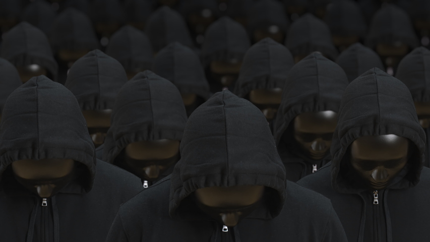 Unknown people wearing black masks and dark clothes raise their heads. Anonymosity, identity or equality concepts Royalty-Free Stock Footage #1057711627