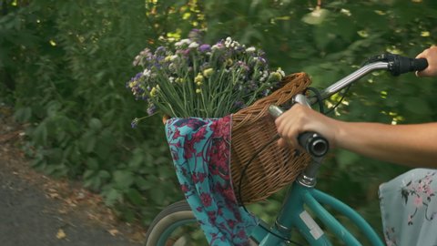 Female hands hold handlebar of vintage old bike with basket of flowers, close up. Woman cyclist is cycling on retro bike in park. Girl rides retro bicycle on summer sunny day. Stylish female on bike