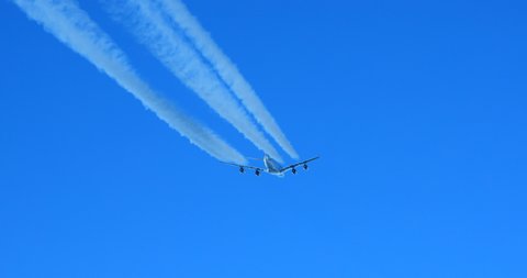 Air France Airbus A380 in cruise flight with contrails, international airspace, 10/14/2019