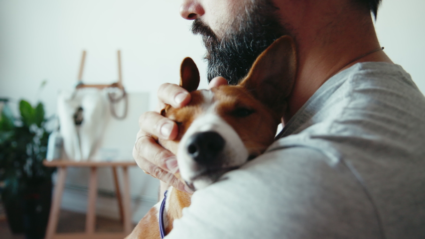 Close up shot of young bearded man hugging and kissing his cute friend brown basenji pure breed dog. Animals and human friendship | Shutterstock HD Video #1057720540