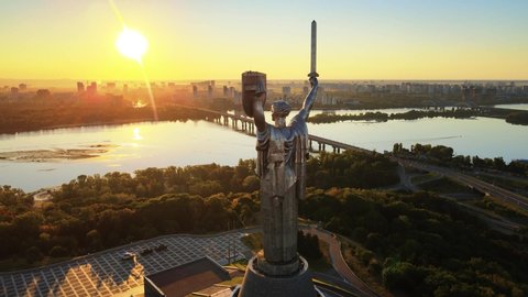 Monument Motherland in the morning. Kyiv, Ukraine. Aerial view