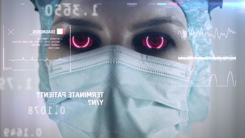 Evil doctor red laser eyes scanning patient's vitals, anti-vaxxer conspiracies. Futuristic tech, hud with medical test results, virtual medical exam
