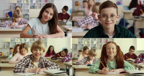 Multiscreen on pupils at school. Little boy in glasses smiling in classroom. Pretty red-haired Caucasian teen girl writing in copybook and looking at camera. Boy studying and making notes at lesson.