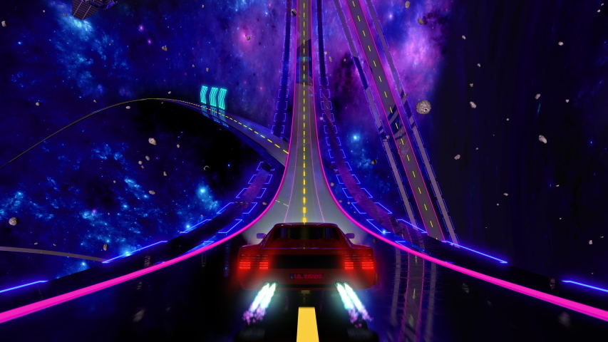 80s retro futuristic space drive seamless loop. Stylized cosmic highway in outrun VJ style with stars and planet. Vaporwave 3D animation background for music video, DJ set, clubs, EDM music | Shutterstock HD Video #1057730755