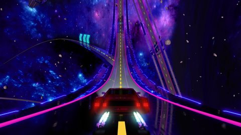 80s retro futuristic space drive seamless loop. Stylized cosmic highway in outrun VJ style with stars and planet. Vaporwave 3D animation background for music video, DJ set, clubs, EDM music