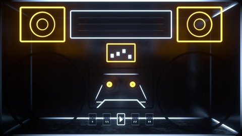 Neon Boombox Tape Sound System Abstract Stage Design VJ Loop - Flicker Speakers Volume Equalizer Glow and Shiny Cassette Background DJ EDM Music 