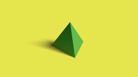 Tetrahedron spinning on a yellow background and opening into a net. 3d animation. Platonic solids.