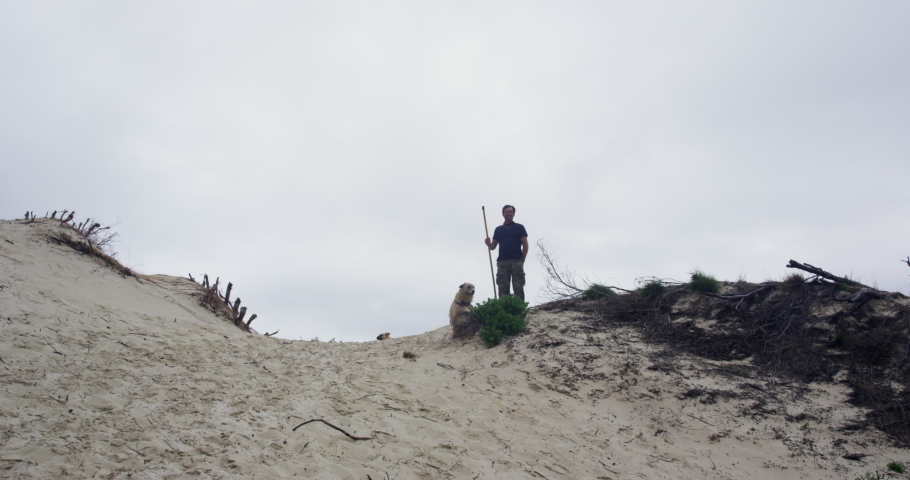 WS Man standing with dog on sand dune / Cape Town, South Africa