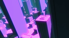 Loop video. Aerial fly in 3d abstract city with many sky scrapers neon style colors