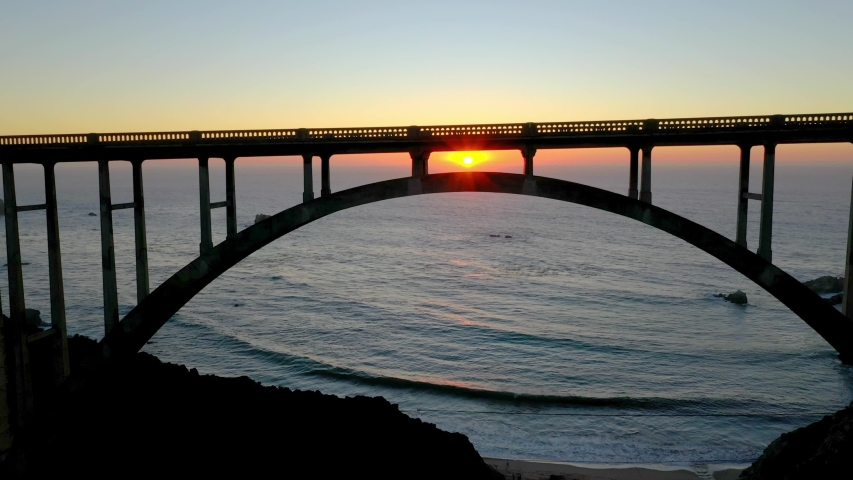 Bixby Creek Bridge at Sunset In Big Sur, California, Aerial View
