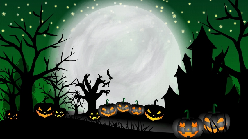 Halloween background animation with the concept of flying bats and ghosts, shining stars, moon, animated trees, grasses, and fog, haunted castle animation, and animated pumpkins on green background | Shutterstock HD Video #1057751215