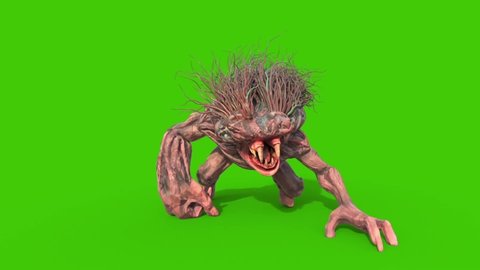 Mane Monster Long Fangs Look Around Green Screen 3D Rendering Animation