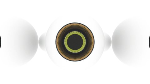 Cyborg eyes rotate against a white background. Seamless loop.