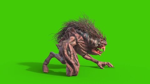 Mane Monster Long Fangs Look Around Green Screen Side 3D Rendering Animation