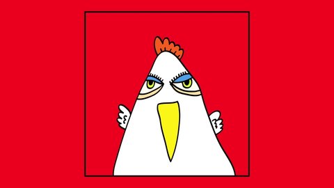 white chicken with long peak and baggy green eyes wearing blue eyeshadow and a red elegant cockscomb standing in the middle of a frame like posing