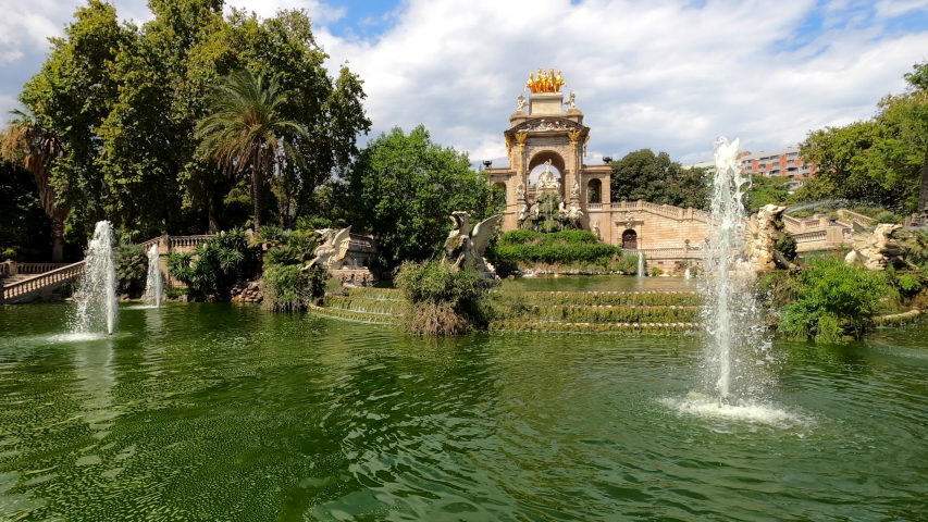 Monumental cascade fountain in Barcelona called “Cascada Monumental” in Parc de la Ciutadella in Catalonia, Spain.