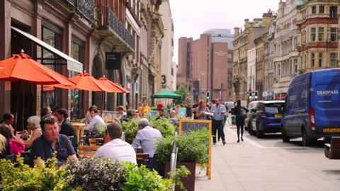 Liverpool, Merseyside / UK - August 2019: Castle Street restaurants time lapse