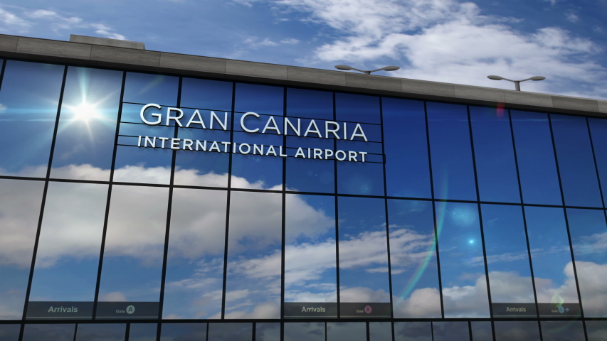 Jet aircraft landing at Las Palmas de Gran Canaria, Canary Spain 3D rendering animation. Arrival in the city with the glass airport terminal and reflection of plane. Travel and tourism concept.