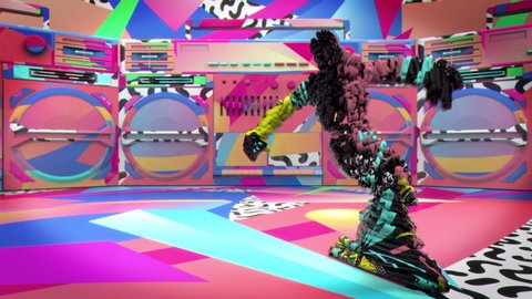 Abstract motion capture character breakdances in front of 80s wall of patterned boomboxes