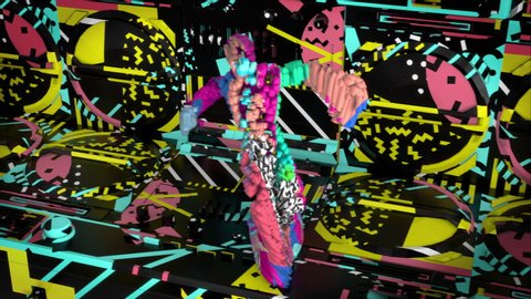 Abstract motion capture character breakdances in front of 80s conveyor belt of patterned boomboxes