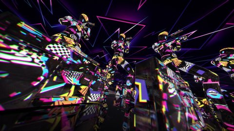 Neon motion capture  and boombox rapping in group wide low