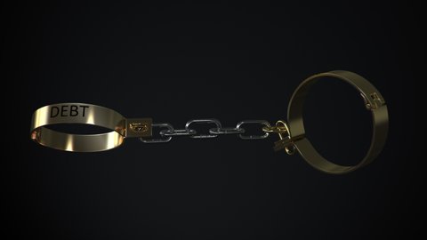 4k concept animation of brass type virtual shackles or handcuffs with debt text struggle and eventually break the chain. Comes with the Alpha Matte.