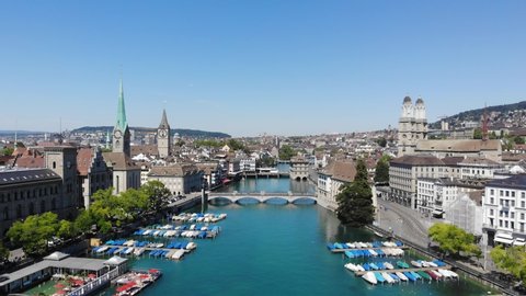 Zurich Switzerland Limmat River Reveal Drone View
