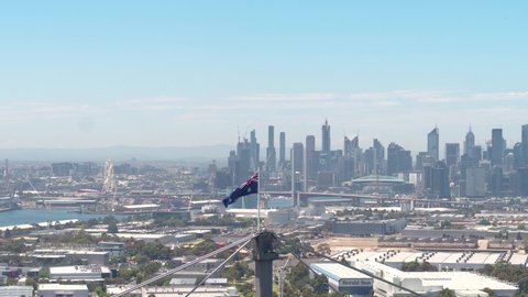 Melbourne City Landscape View with Australian Flag Drone View