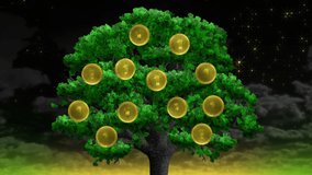 A tree with coins. Green deciduous with hanging money
