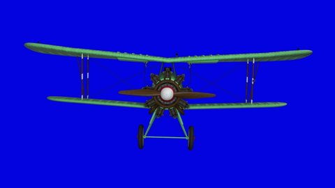 Animated propeller biplane airplane. Front view. Realistic physics animation. Blue screen footage