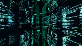 Source codes in cyberspace on black background. Animation. Inside software or matrix with 3D walls of source code. Dipping into matrix through passageway from source codes - Powered by Shutterstock - Get 15% off with code: PIKWIZARD15