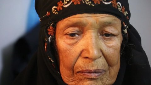 Taiz  Yemen - 04 Mar 2016  : An elderly Yemeni face is sad because of the ongoing war on the city of Taiz, Yemen