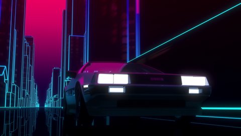 Car driving through 80's style neon futuristic city
