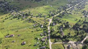 small green village in summer aerial video.