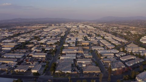 Aerial view of the warehouse and tech districts of east Anaheim, California.