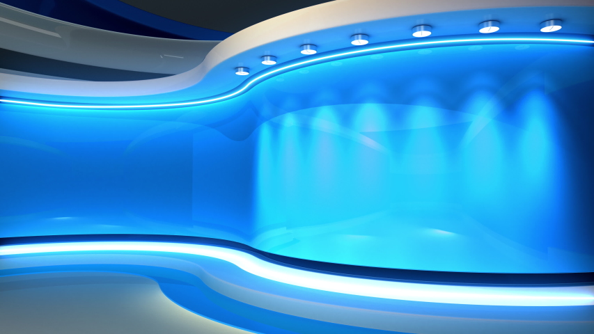 Tv studio. News room. News Studio. Blue studio Background. Newsroom bakground. Loop.  3D rendering. 
