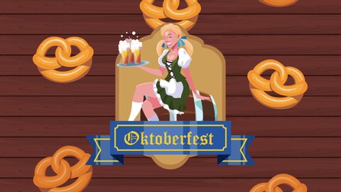 oktoberfest celebration animation with german girl serving beers and pretzels ,4k video animated