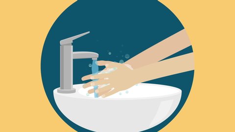 This cartoon video shows the hand washing with soap and water in a sink