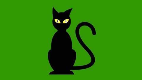 Silhouette cat on green screen. 
Blinked eyes and moved tail of cat animation. Animated silhouette cat. Green screen animation