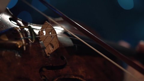 detail shot, performance of violinist man on stage, light, dark background