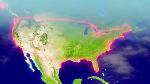 3D CGI Map of The United States of America With Mountain Relief, Depth of Field & Borders Traced with Red Glow
