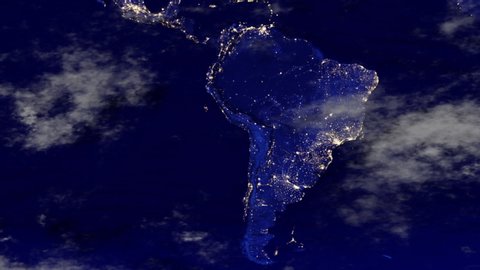 Night South America Map Hyperlapse in 3D CGI with High Relief Mountains & Foggy Atmosphere