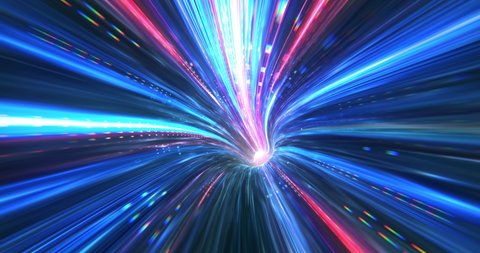 High Speed motion through tunnel. warp speed through space and time. motion blur, light streak, particle effect. high speed internet, space travel, hyperspace concept. 3D render 4K loop 