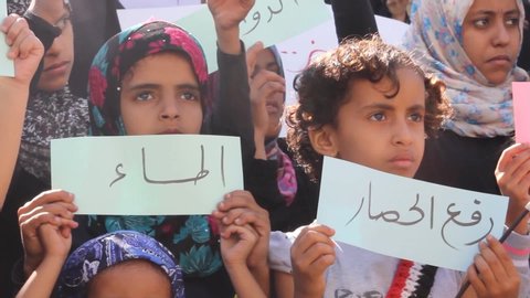 Taiz  Yemen - 10 May 2016  : Yemeni children take part in a protest against the continuing war and siege on the city of Taiz