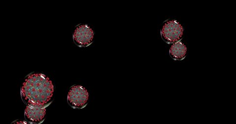 Coronavirus cells on black background . Small droplets with Covid-19 spread pathogens. 3D rendering loop 4k