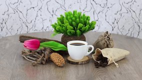 Coffee cup with plant in pot and dried branches on spinning wooden table background.