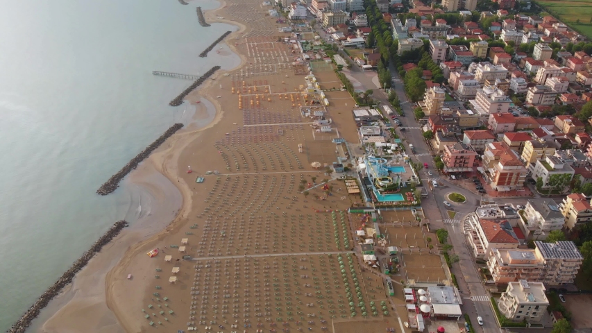 Aerial overhead shoreline of Rimini, a seaside resort town in Northern Italy.