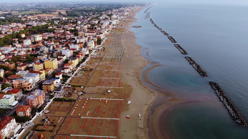 High aerial over the coastal resort town of Rimini Italy.
