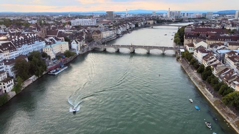 River Rhine in the city of Basel Switzerland - aerial view in the evening - travel photography